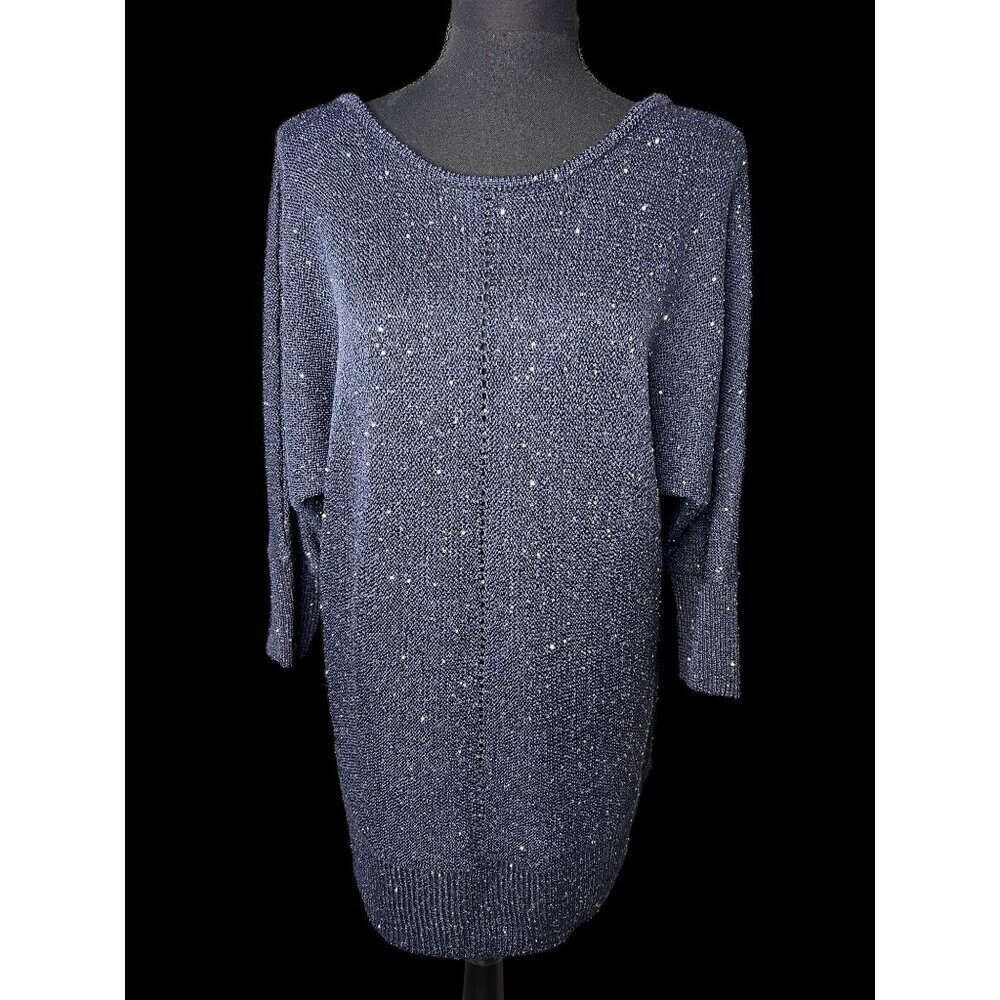 Soho Sparkly Knit Sweater Women L Navy Blue Open Back Bow 3/4 Sleeves Loose Fit